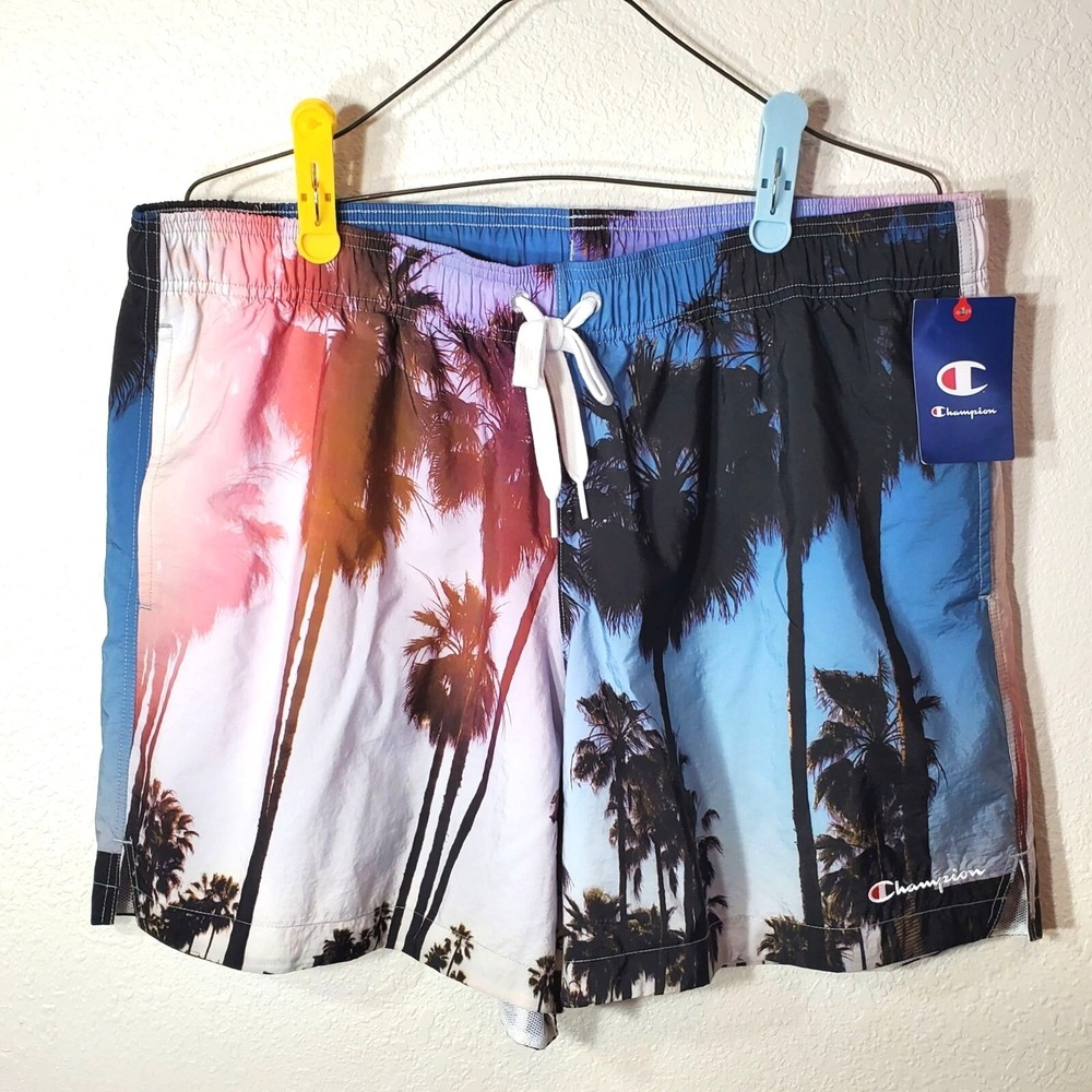 Champion Mens Large Swim Trunks Palm Tree Print Shorts With Drawstring Waist